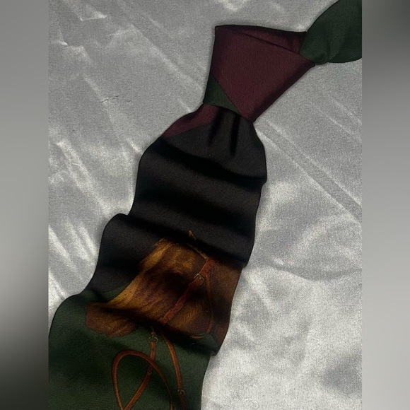 Men’s Polo Ralph Lauren Green Red Jockey Horse Print Striped Silk Designer Tie - Picture 2 of 4